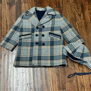 Vintage Boys Blue Plaid Wool Coat Hat 1960’s 1970’s Union Produced